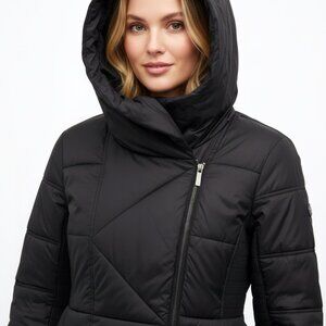 FRENCH CONNECTION Black Hooded Puffer Jacket Parka Women Sz(M) Asym.Quilted Coat